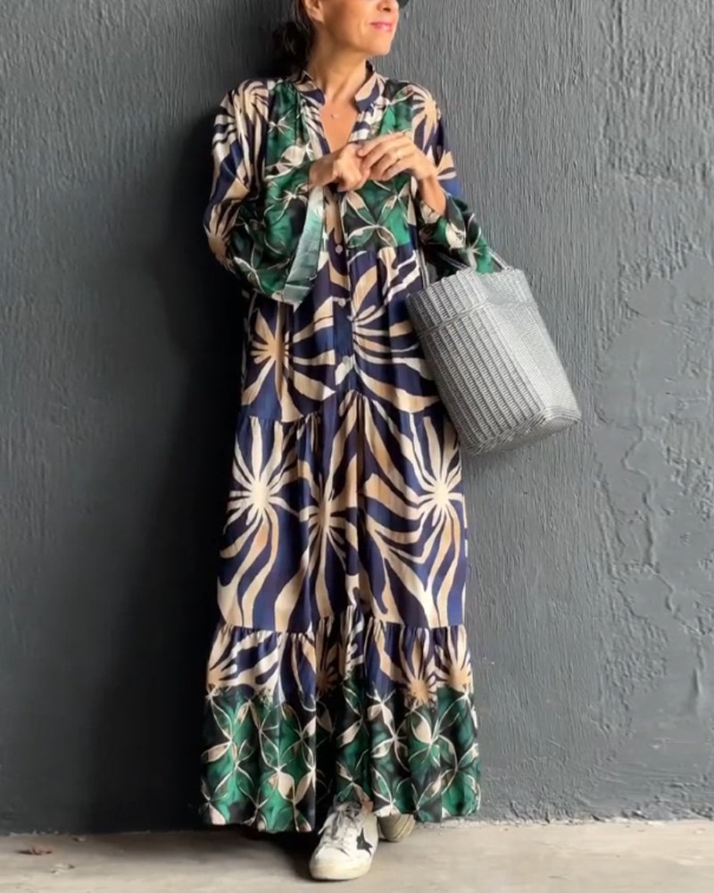 Casual, flowy vacation dress with a colorful print.