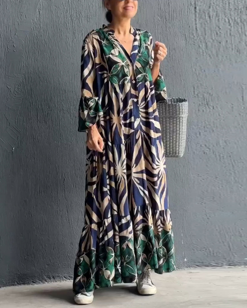 Casual, flowy vacation dress with a colorful print.