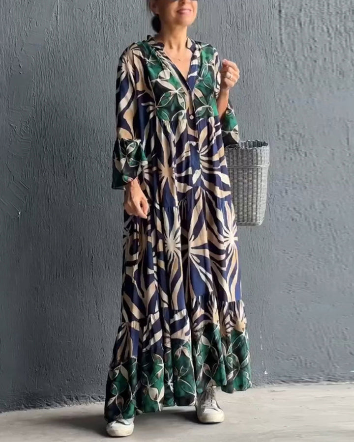 Casual, flowy vacation dress with a colorful print.