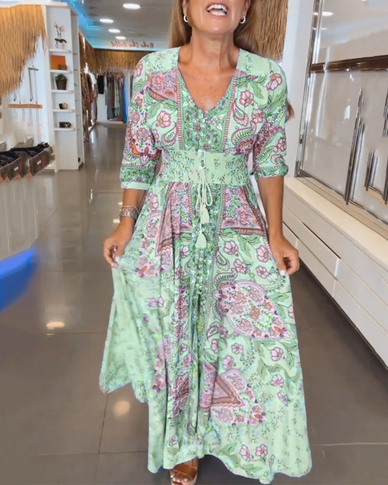 V-Neck Vacation Dress with 3/4 Sleeves – Lightweight, Stylish Summer Dress for Vacation