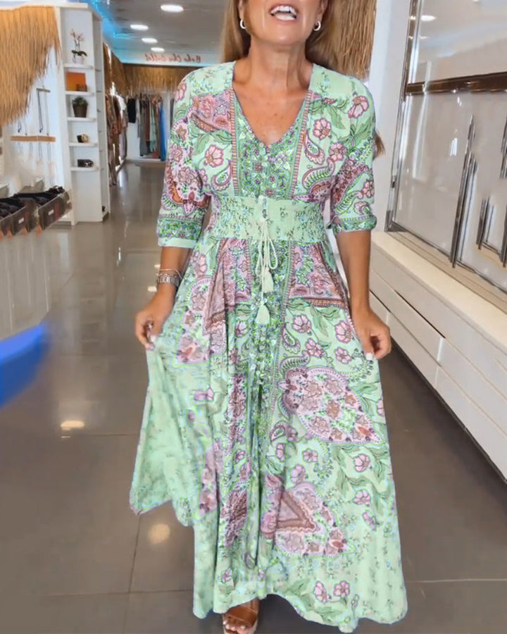 V-Neck Vacation Dress with 3/4 Sleeves – Lightweight, Stylish Summer Dress for Vacation