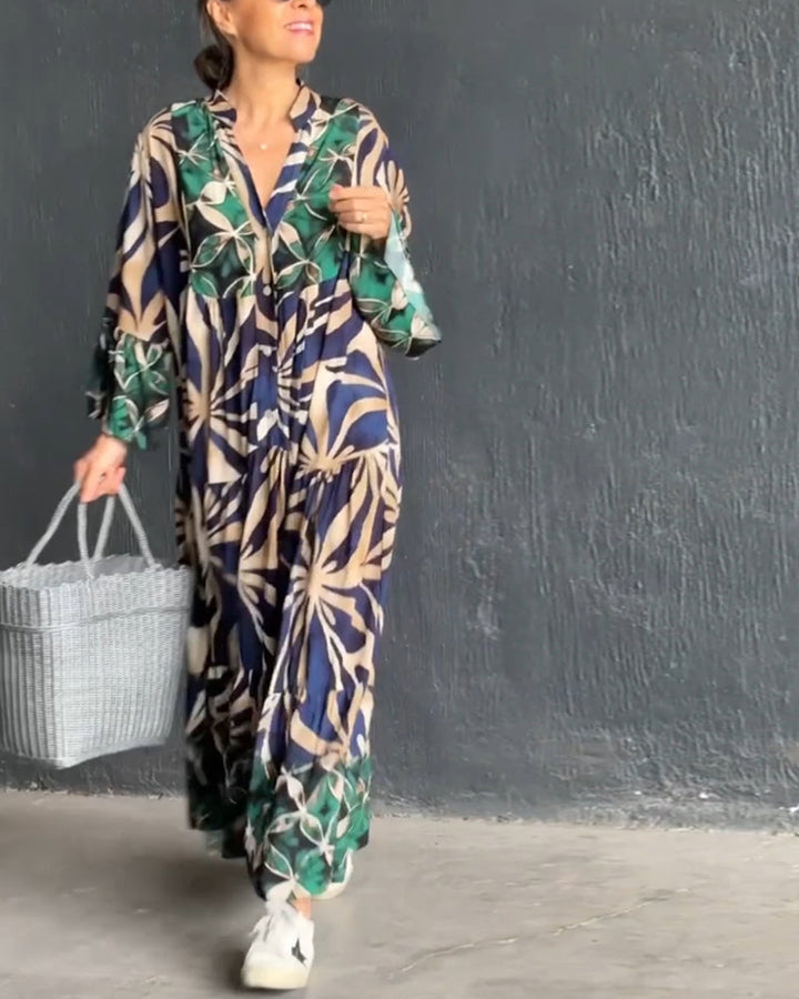 Casual, flowy vacation dress with a colorful print.