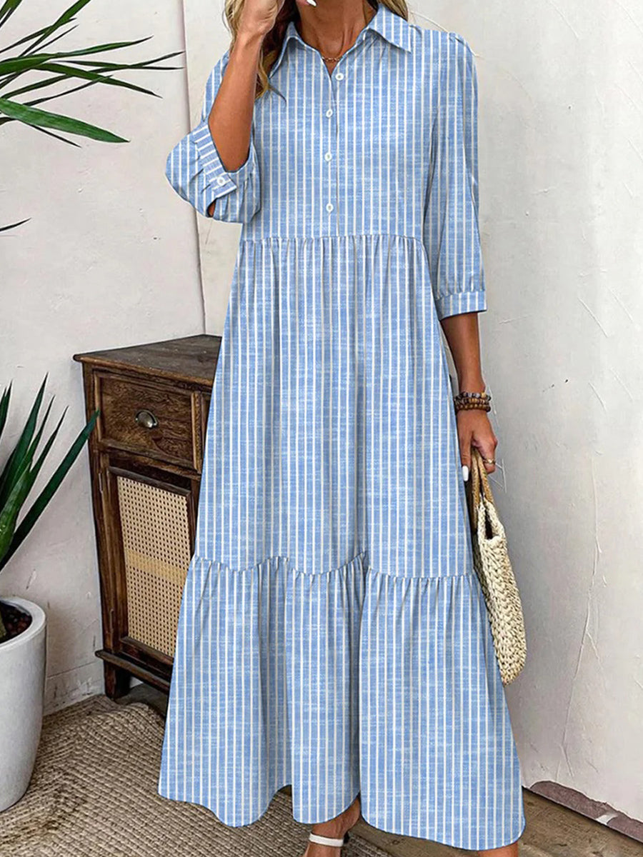 Stripes | Lapel 3/4 Sleeve Striped Maxi Dress