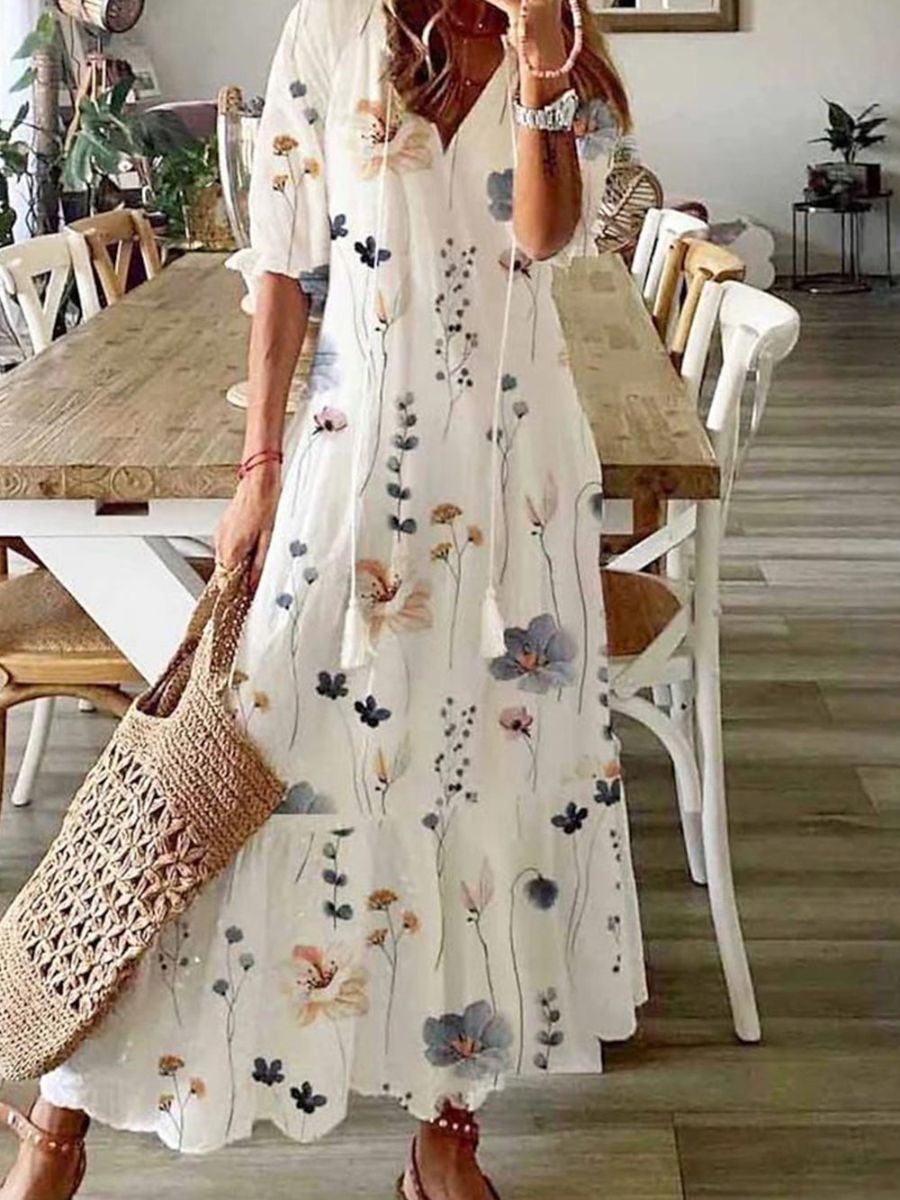 Luna | Floral V-Neck Half Sleeve Casual Maxi Dress