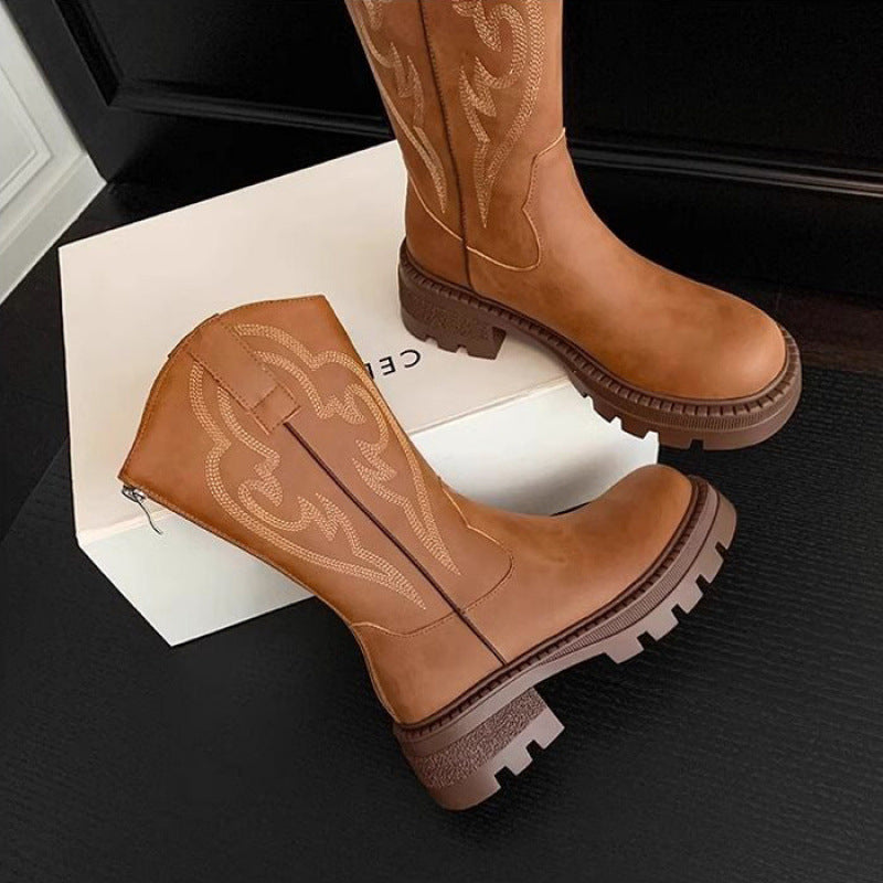 Retro soft leather thick-soled versatile mid-calf boots star_border