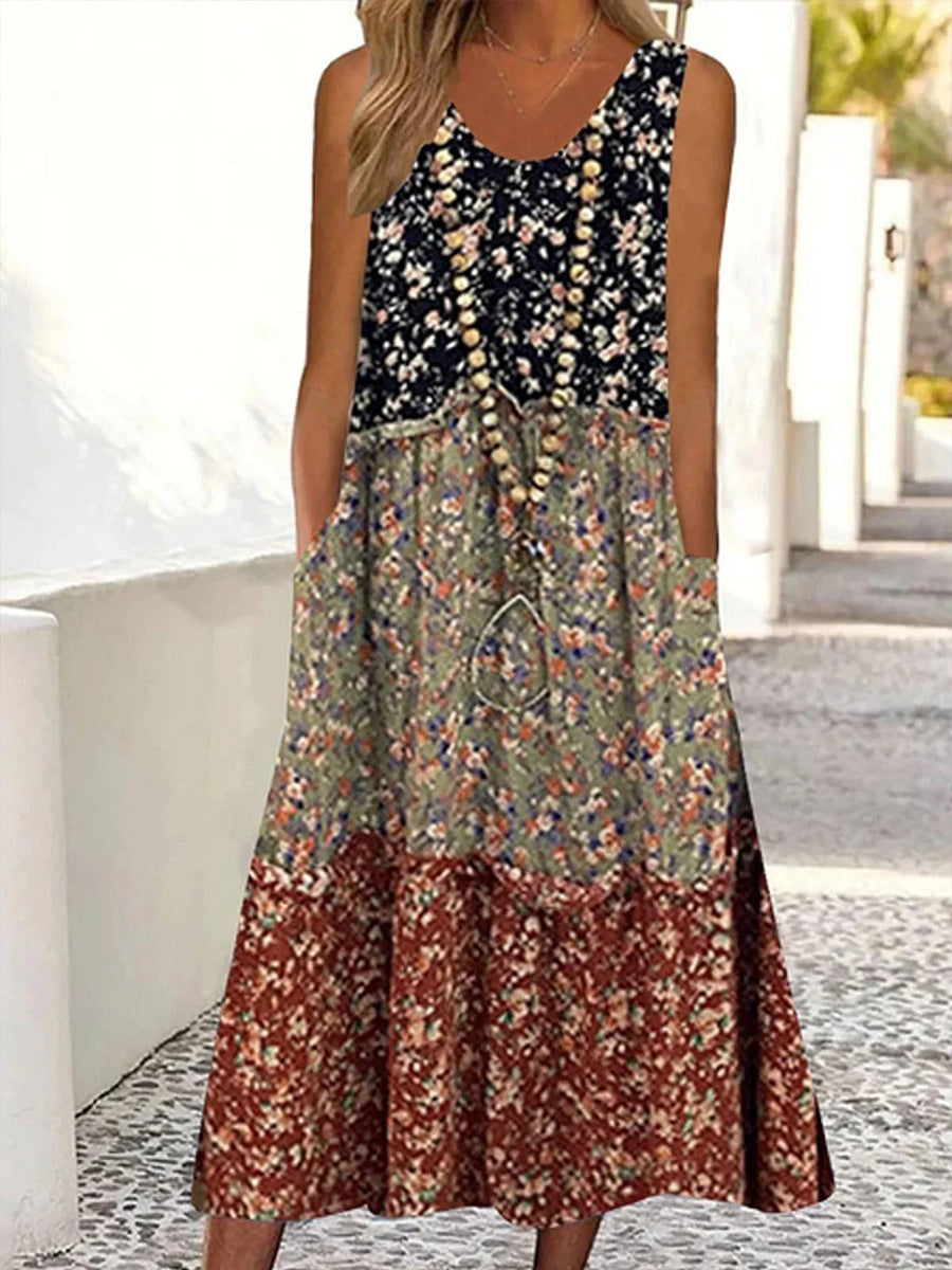 Camille | Patchwork Floral Sleeveless Midi Dress with Pockets