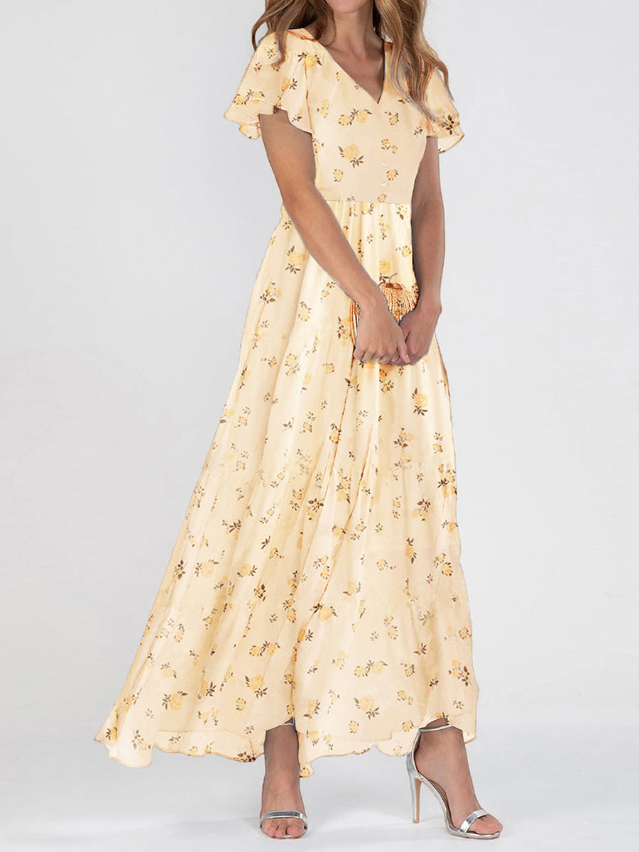 Sunny | Floral Flutter Sleeve V-Neck Maxi Dress