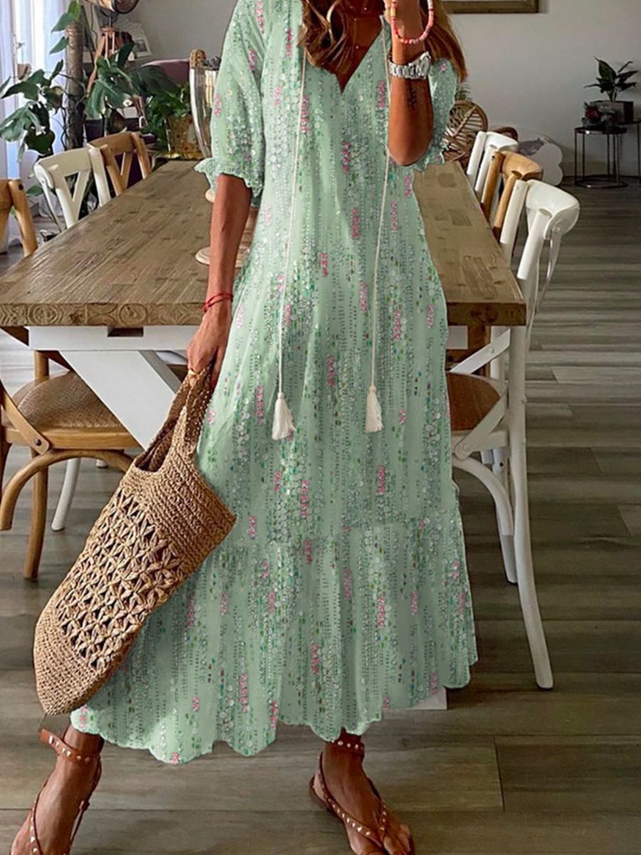 Sage | Mint Green Floral Half Sleeve Maxi Dress