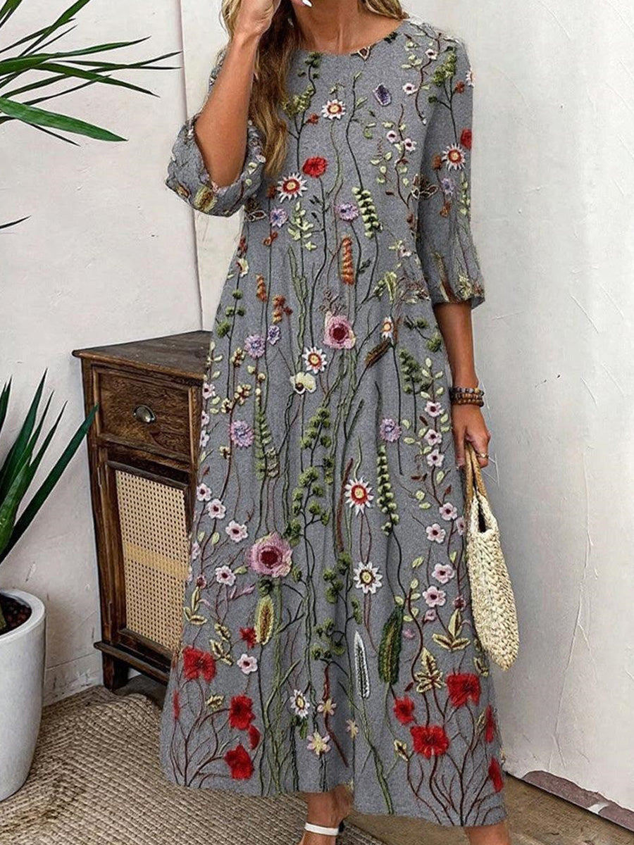Fern | Groovy Plant Print 3/4 Sleeve Maxi Dress