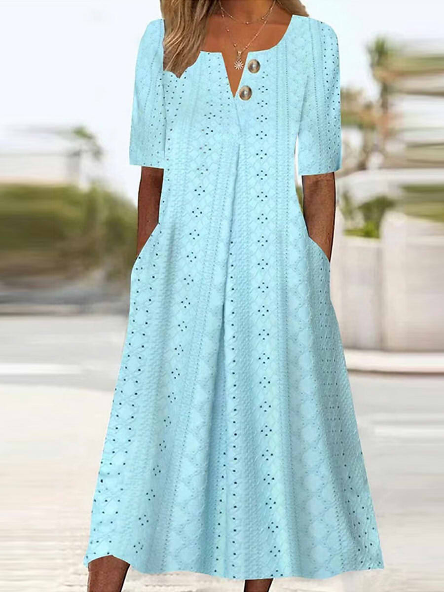 Cora | Eyelet Short Sleeve Midi Dress with Pockets