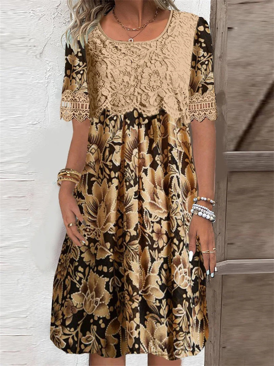 Lorraine | Floral Lace Print Scoop Neck Midi Dress