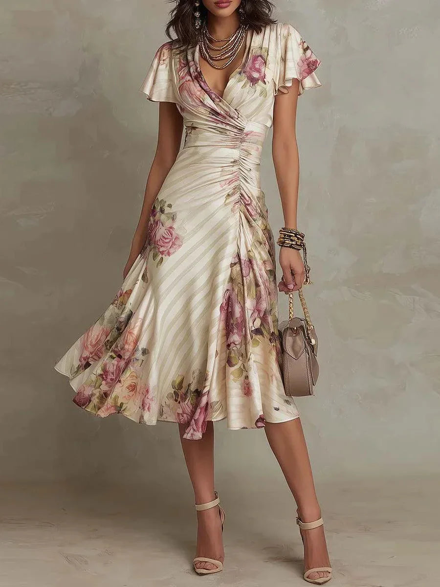 Poppy | Groovy Floral Print Short Sleeve Midi Dress