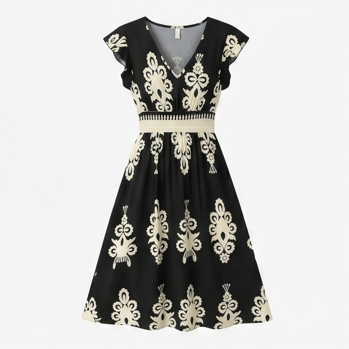 Osyrel™ – Damask Print Midi Dress with V-Neck