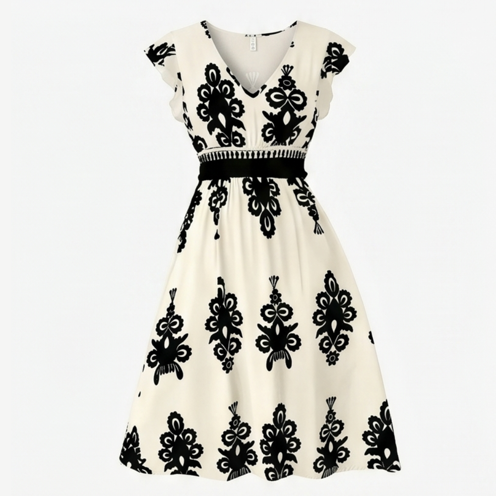 Osyrel™ – Damask Print Midi Dress with V-Neck