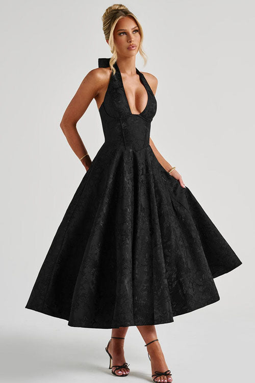 Genevieve | Jacquard Halter Wedding Guest Dress