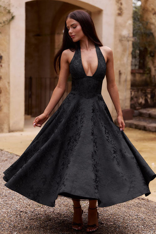 Genevieve | Jacquard Halter Wedding Guest Dress