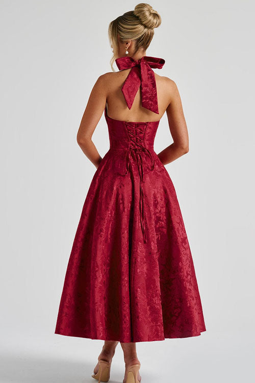 Genevieve | Jacquard Halter Wedding Guest Dress