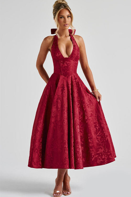 Genevieve | Jacquard Halter Wedding Guest Dress