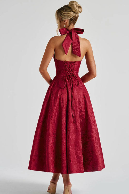 Genevieve | Jacquard Halter Wedding Guest Dress