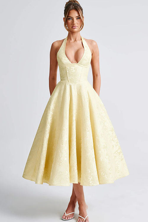 Genevieve | Jacquard Halter Wedding Guest Dress
