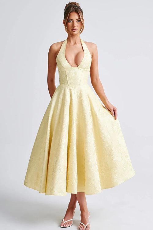 Genevieve | Jacquard Halter Wedding Guest Dress