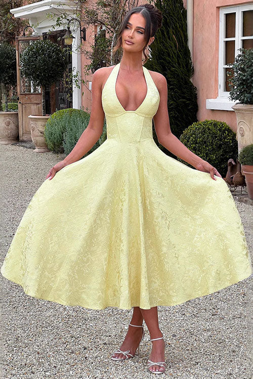 Genevieve | Jacquard Halter Wedding Guest Dress