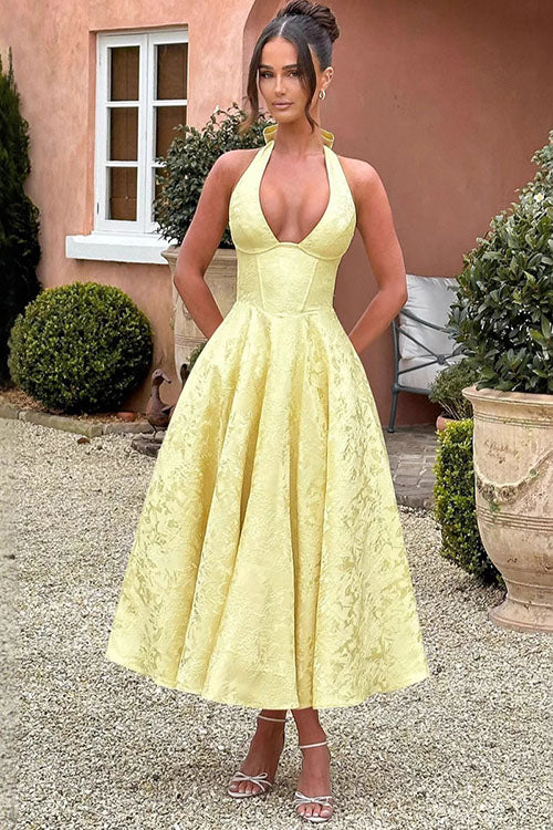 Genevieve | Jacquard Halter Wedding Guest Dress