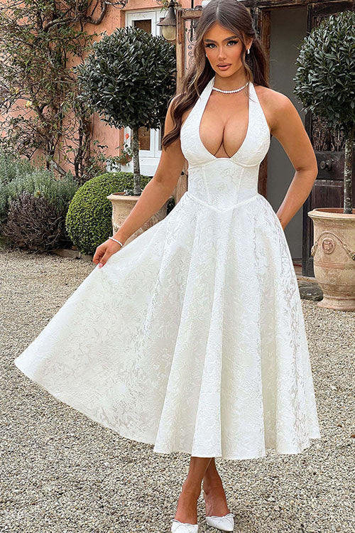 Genevieve | Jacquard Halter Wedding Guest Dress