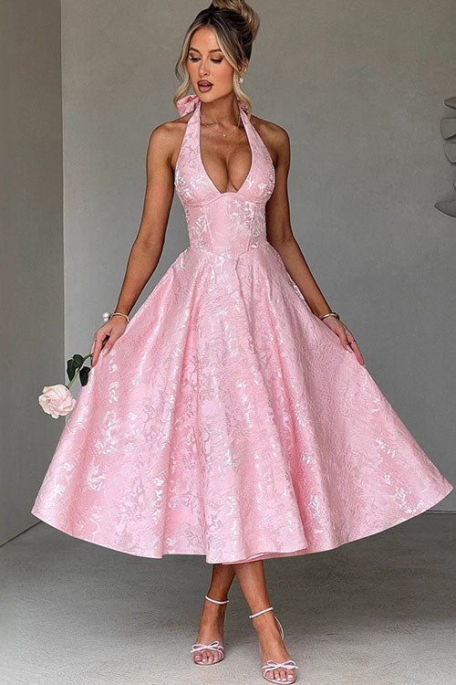Genevieve | Jacquard Halter Wedding Guest Dress