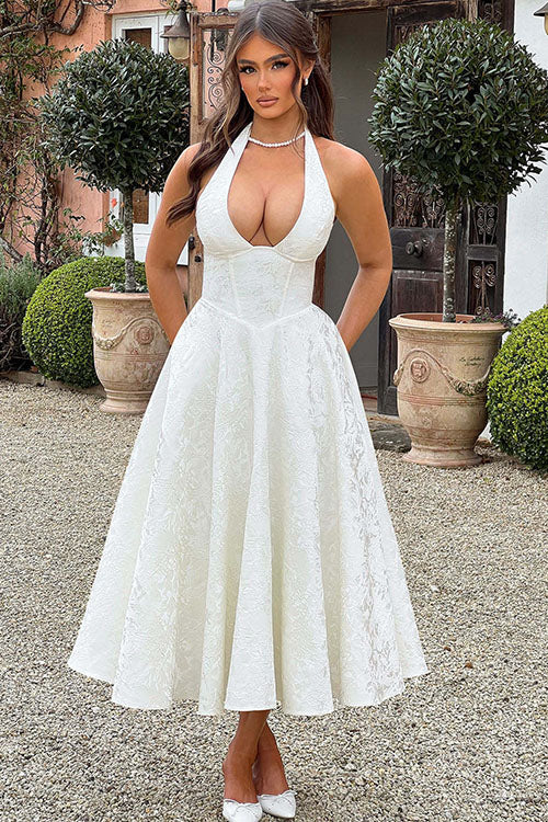 Genevieve | Jacquard Halter Wedding Guest Dress