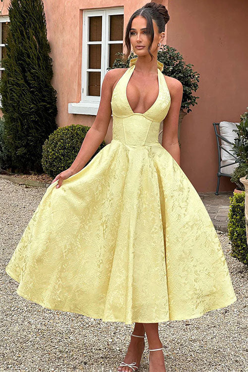 Genevieve | Jacquard Halter Wedding Guest Dress