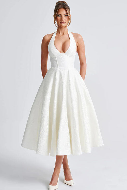 Genevieve | Jacquard Halter Wedding Guest Dress