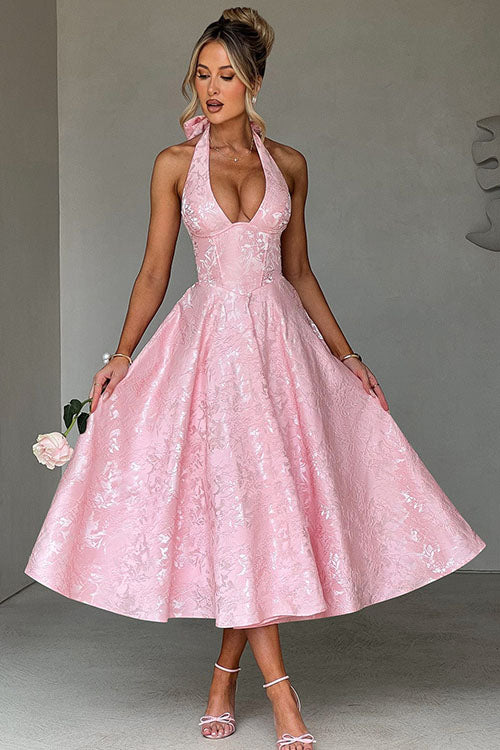 Genevieve | Jacquard Halter Wedding Guest Dress