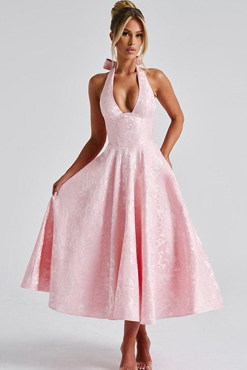 Genevieve | Jacquard Halter Wedding Guest Dress