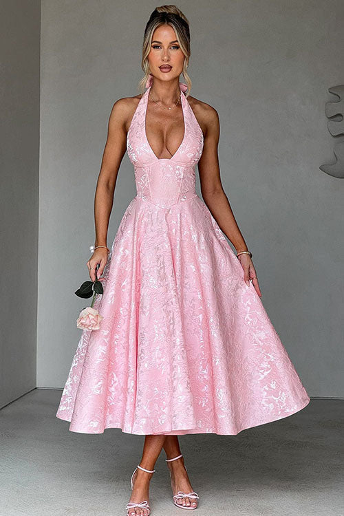 Genevieve | Jacquard Halter Wedding Guest Dress