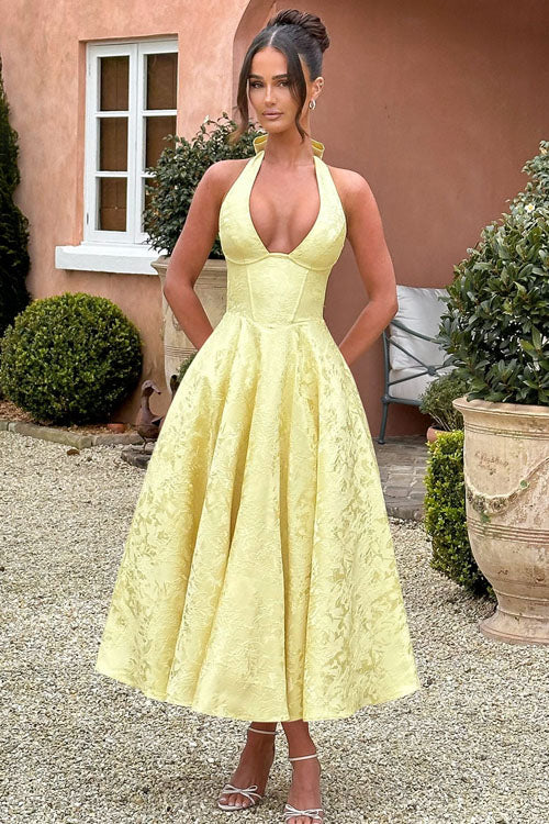 Genevieve | Jacquard Halter Wedding Guest Dress