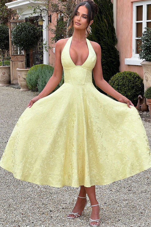Genevieve | Jacquard Halter Wedding Guest Dress