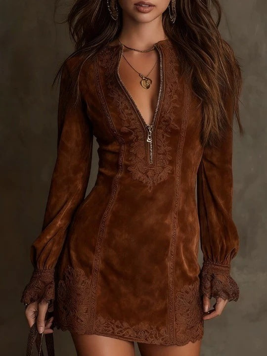 Vintage Blue Suede Lace Trim Mini Dress