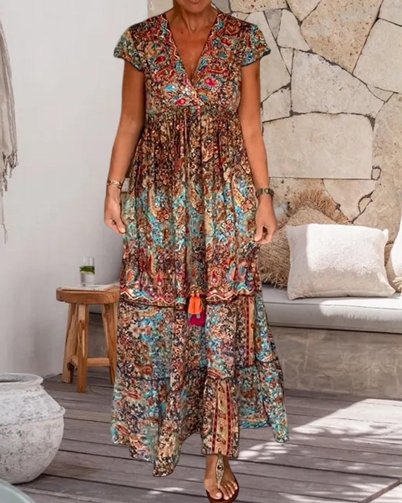 Trendy printed summer dress with a V-neck