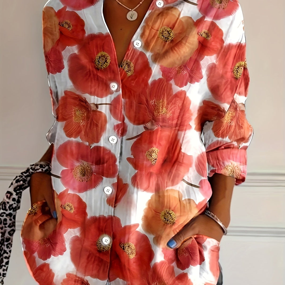 Ruby | Red Floral Button-Front Plus Size Blouse