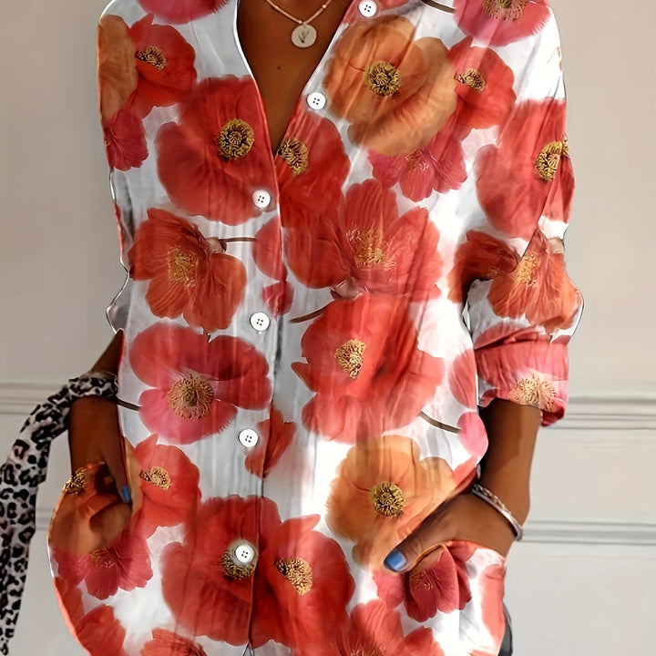 Ruby | Red Floral Button-Front Plus Size Blouse