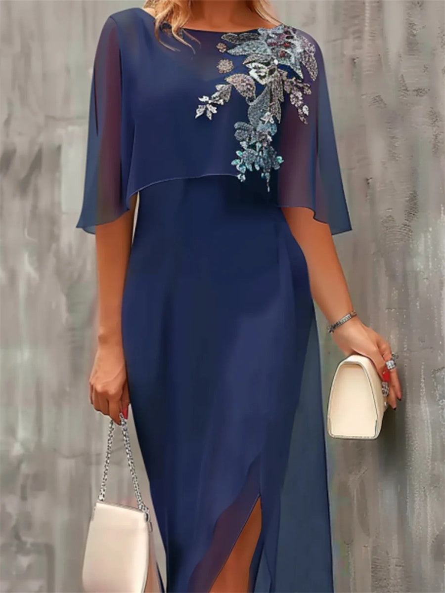 Daphne | Floral Chiffon Crew Neck Half Sleeve Dress