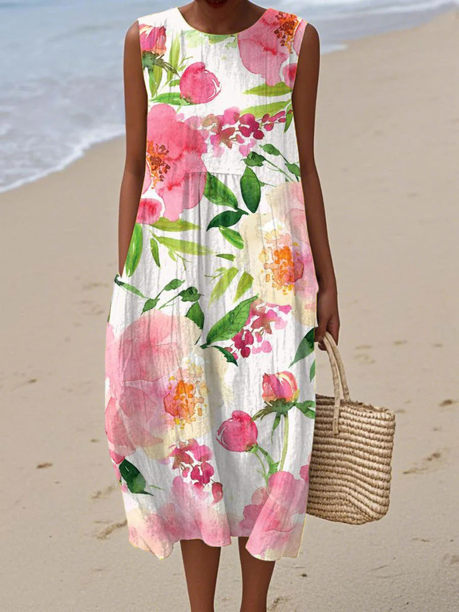 Camille | Vintage Floral Art Print Crew Neck Sleeveless Dress
