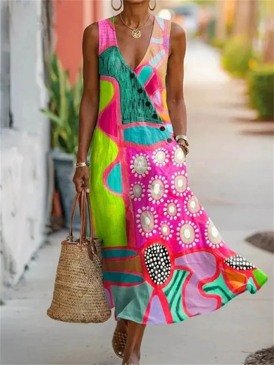 Vivienne | Vintage Colorful V-Neck Sleeveless Dress