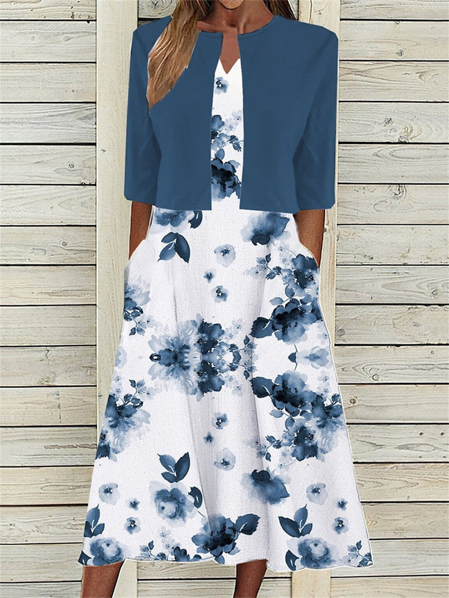 Magnolia | Floral Midi Dress with Open-Front Jacket Set