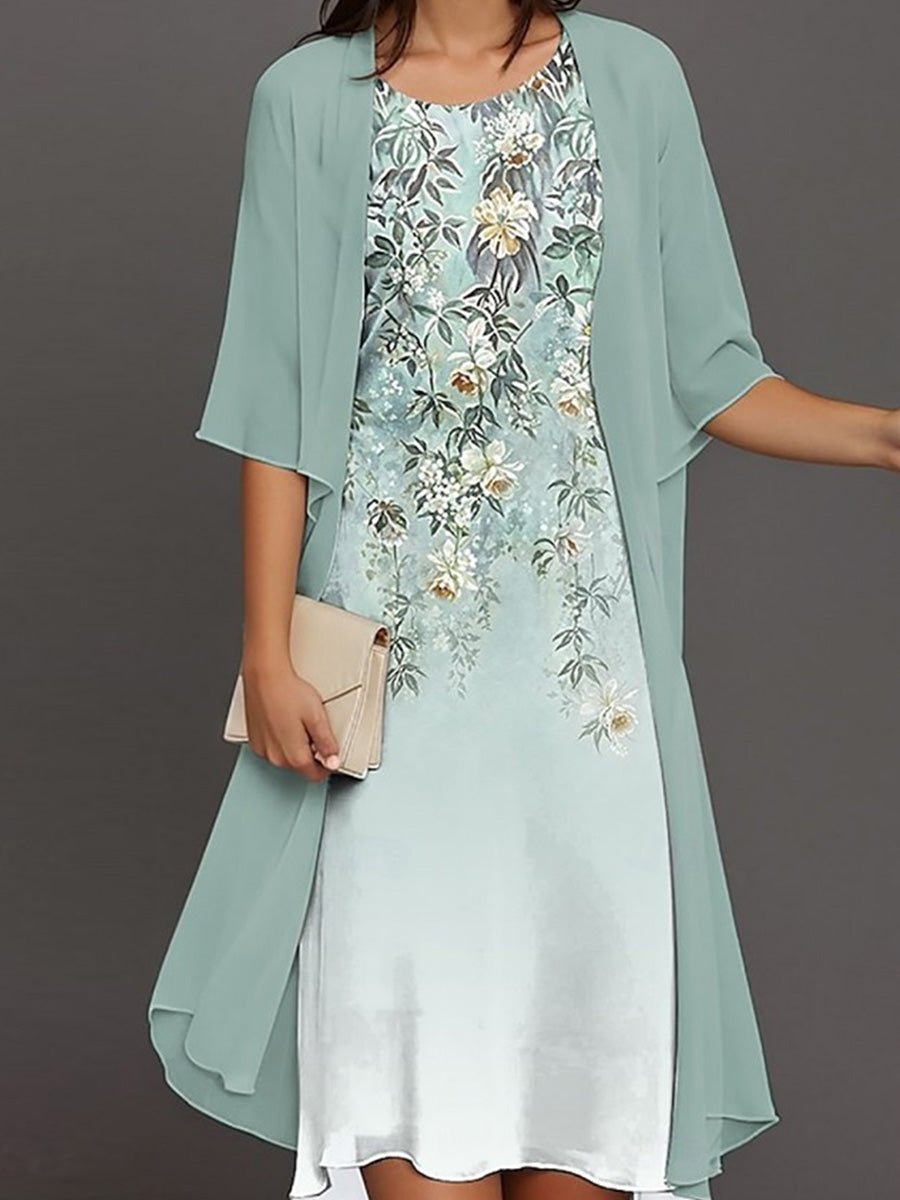 Amelie | Elegant Floral Half Sleeve Loose Green Dress