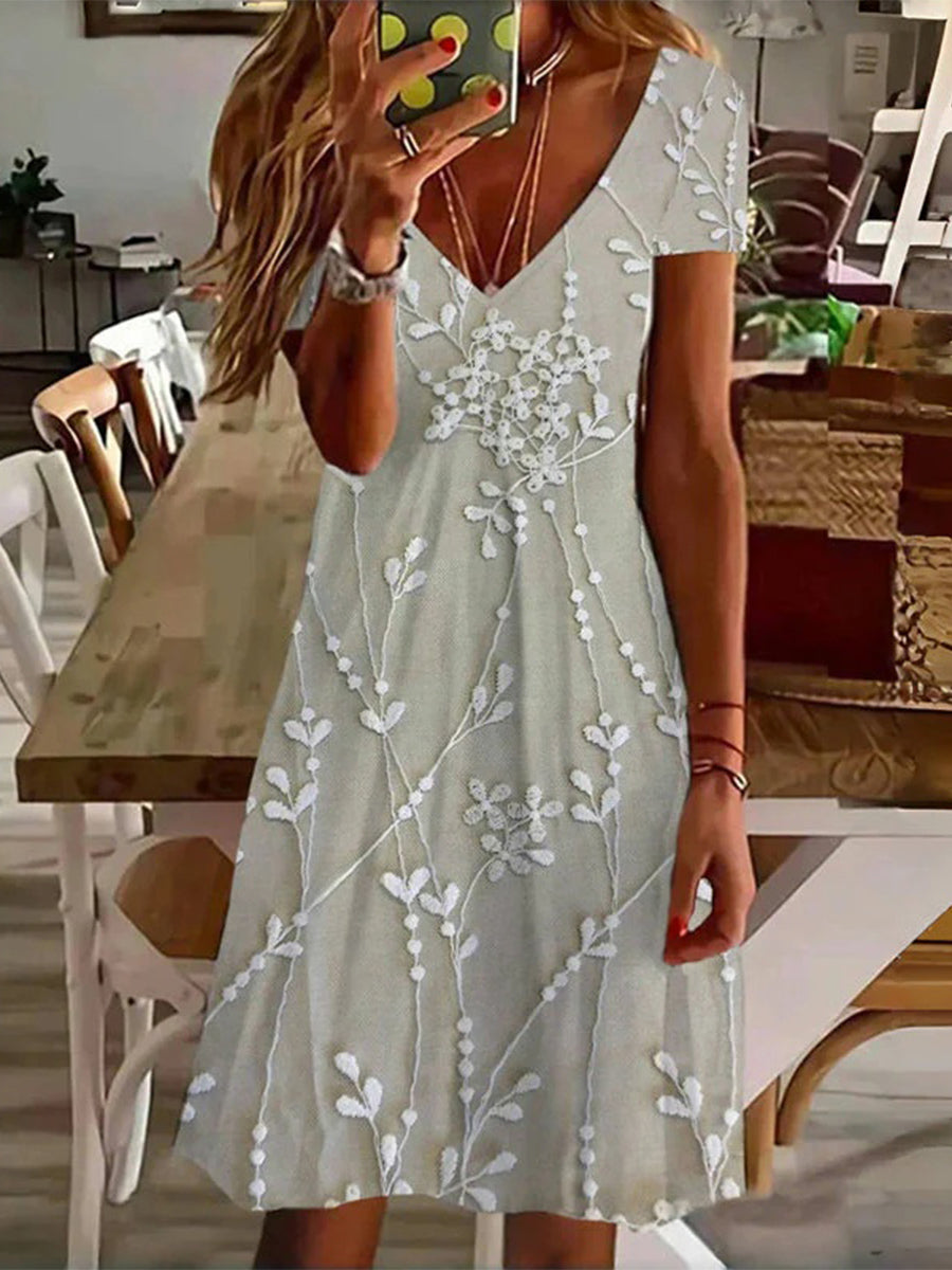 Willow | Vintage Leaf Print V-Neck Short Sleeve Dress