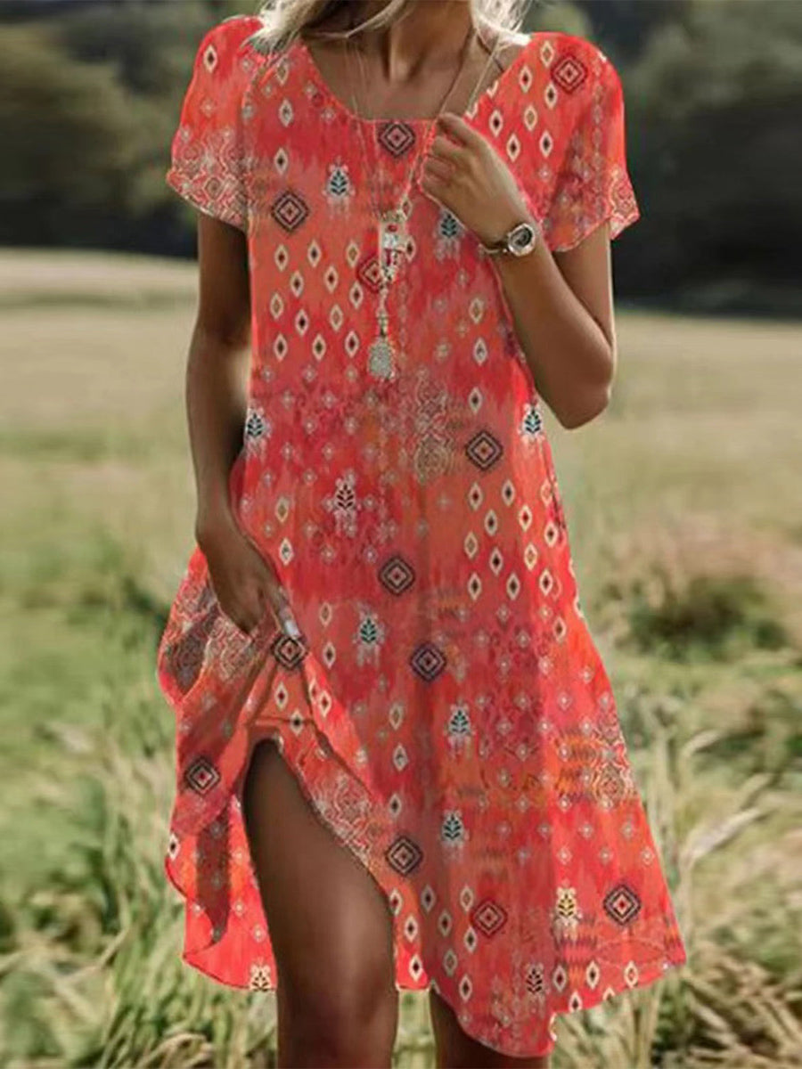 Geo | Boho Geometric Print Short Sleeve Dress