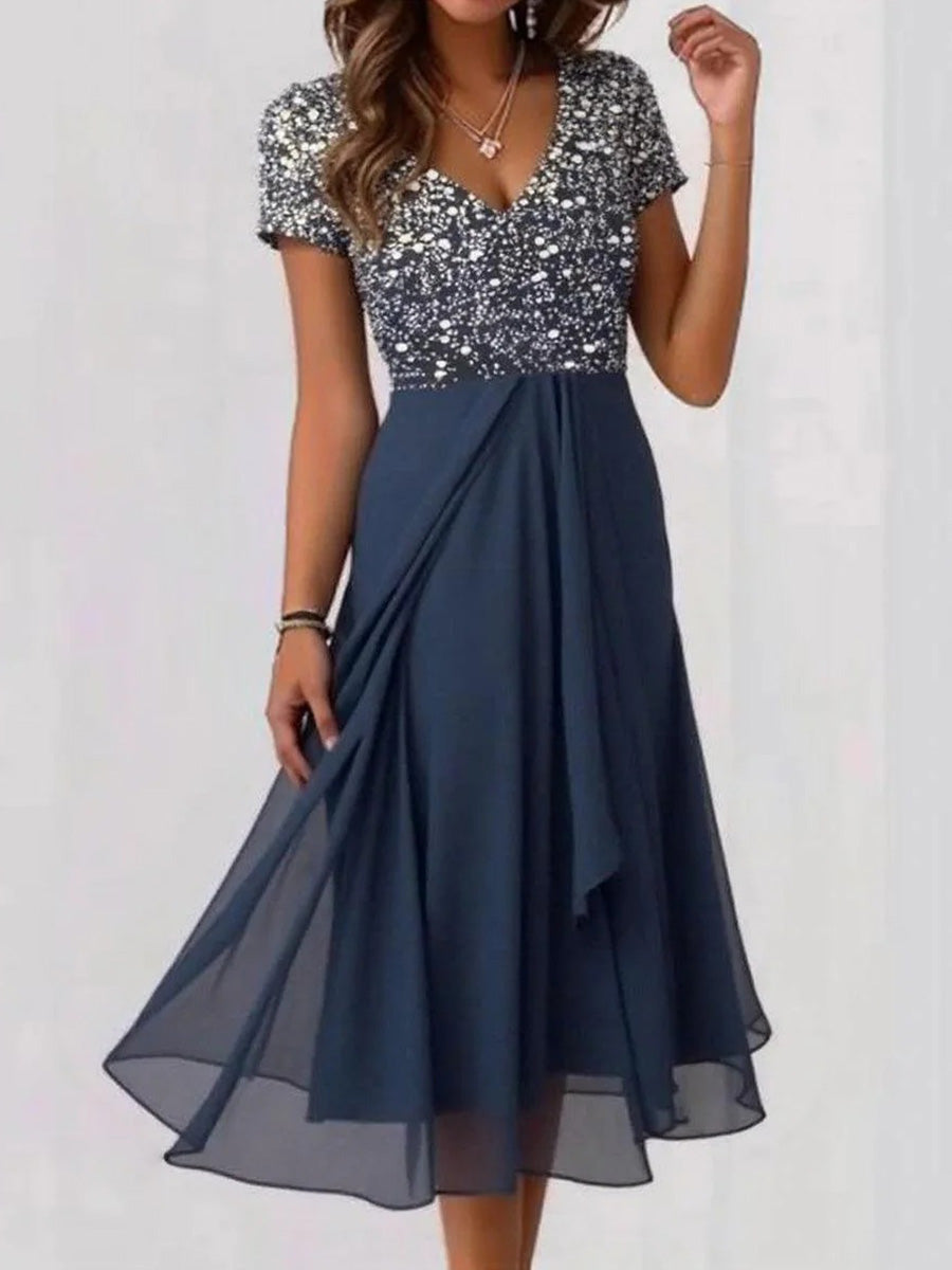 Azure | Solid Blue V-Neck Short Sleeve Midi Dress