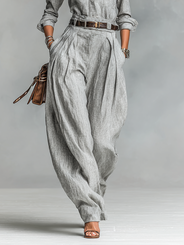 Cotton-linen Blend Long-sleeved Shirt And Trousers Two-piece Set (belt Not Included)